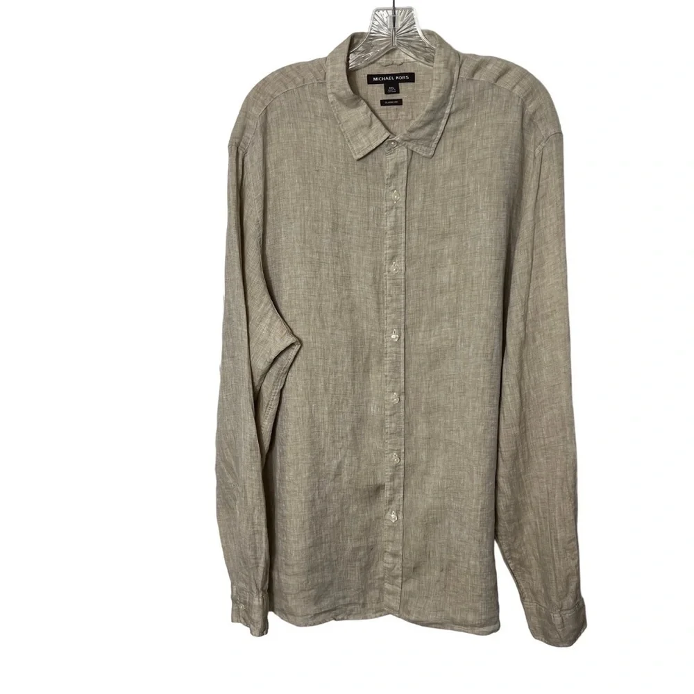 MICHAEL KORS Linen Long Sleeve Shirt in Tan Size XXL